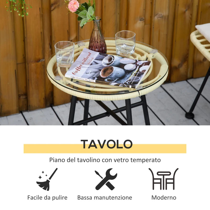 Set Mobili da Giardino 3 Pezzi con Tavolino e Sedie in Rattan PE, Poilestere e Acciaio per Esterni, Crema 863-087CW