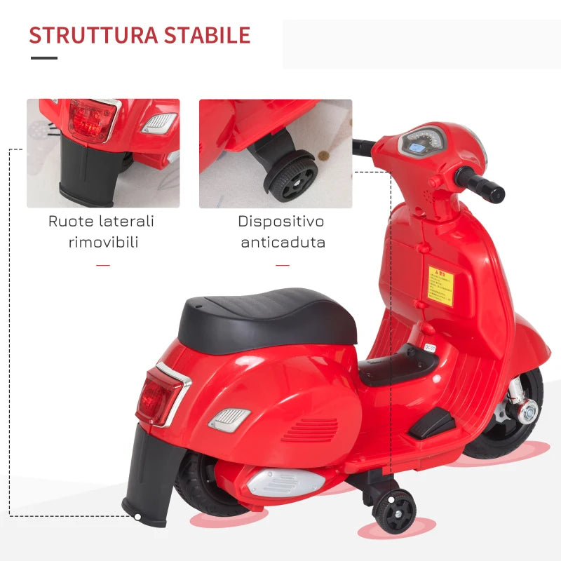 Moto Elettrica per Bambini con Licenza Ufficiale Vespa Batteria 6V, Fari e Clacson, per Bimbi da 18-36 mesi, Rosso, 66.5x38x52cm BG6370-138RDBG6