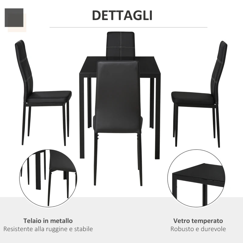 Set 5 Pezzi con 1 Tavolo e 4 Sedie per Cucina o Sala da Pranzo in Finta Pelle, Metallo e Vetro Temperato, Nero TR2835-255BKTR2