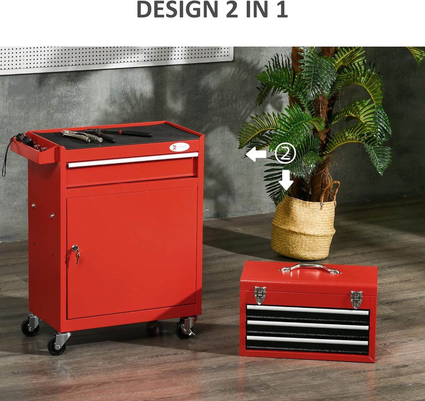 Carrello Porta Attrezzi utensili cassettiera officina per chiavi accessori 2 in 1 con Cassetta Rimovibile e Armadietto con Chiave in Acciaio, Rosso 5RFB20-102V00RD88U