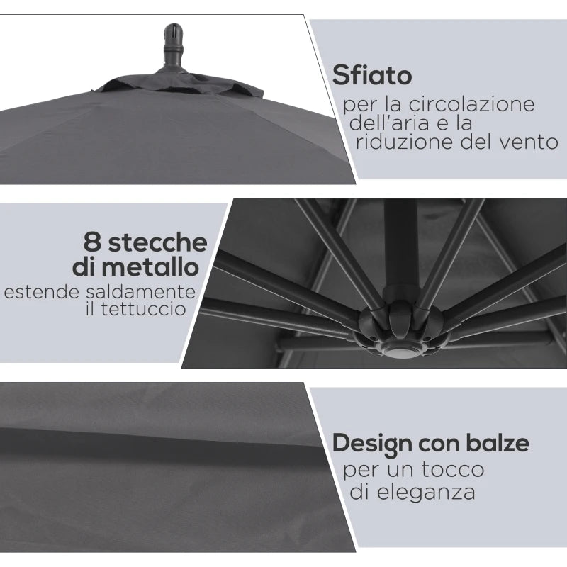 Ombrellone da Giardino 3x2.5 m a Braccio e Inclinabile con Manovella, in Acciaio e Poliestere Grigio 84D-082