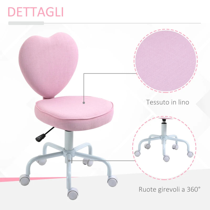 Sedia per Scrivania a Forma di Cuore con 5 Rotelle e Altezza Regolabile in Tessuto Rosa, 40x50x79-89cm JH5833-942JH5