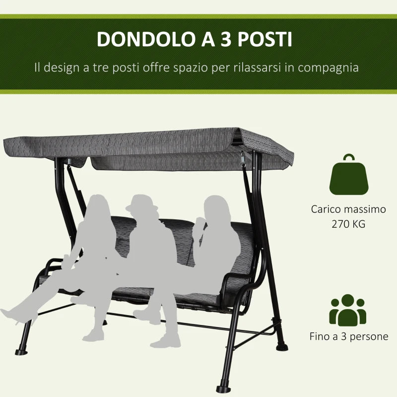 Dondolo da Giardino per 3 Persone con Tettuccio Regolabile e Cuscini, 200x120x170cm, Nero 84A-140BK