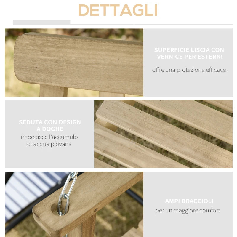 Dondolo per Esterno Sospeso per 2 Persone in Legno e Catene in Metallo, Colore Naturale 119x65x61cm 84A-154ND