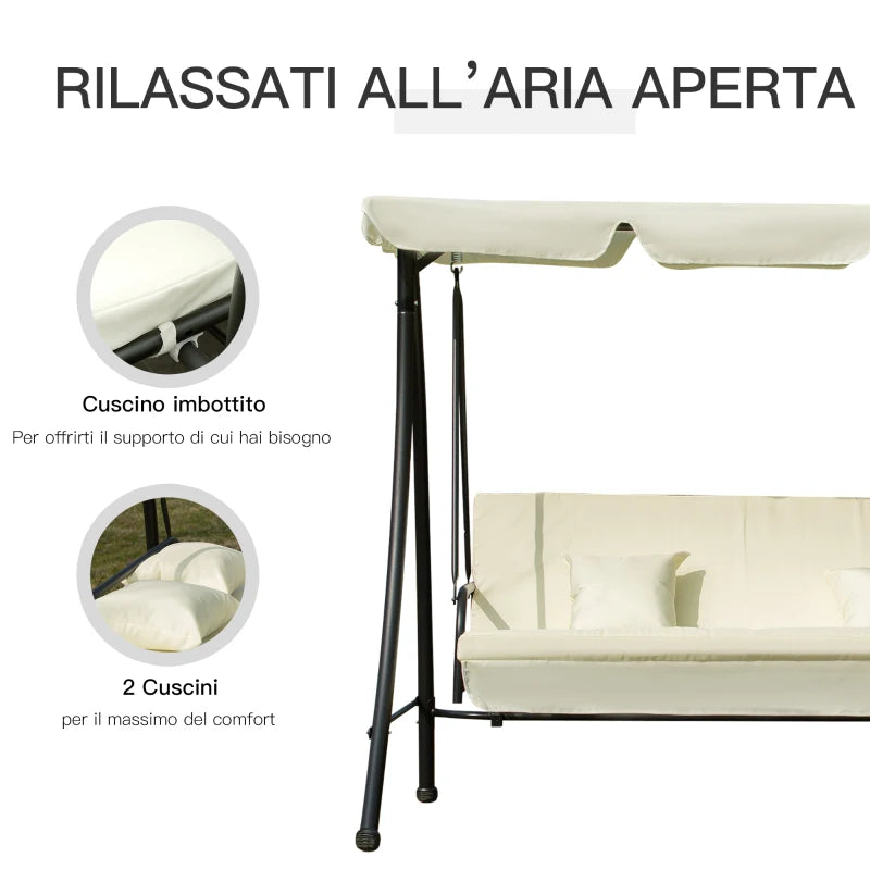 Dondolo da Giardino 3 Posti con Tetto Reclinabile, Convertibile in Letto, 200x125x170 cm, Crema 84A-032