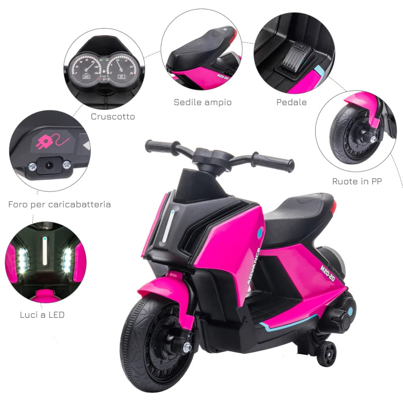 Moto Elettrica per Bambini 6V con Musica e Fari LED, Velocità 1.5-2.5km/h, Età 2-4 Anni, 80x39.5x51cm, Rosa BG4370-168V90PKBG4