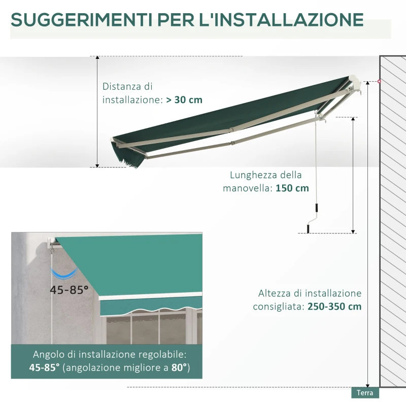 Tenda da Sole per Esterno Avvolgibile a Manovella in Metallo e Alluminio, 4x2.5m, Verde Scuro ED4840-151GNED4