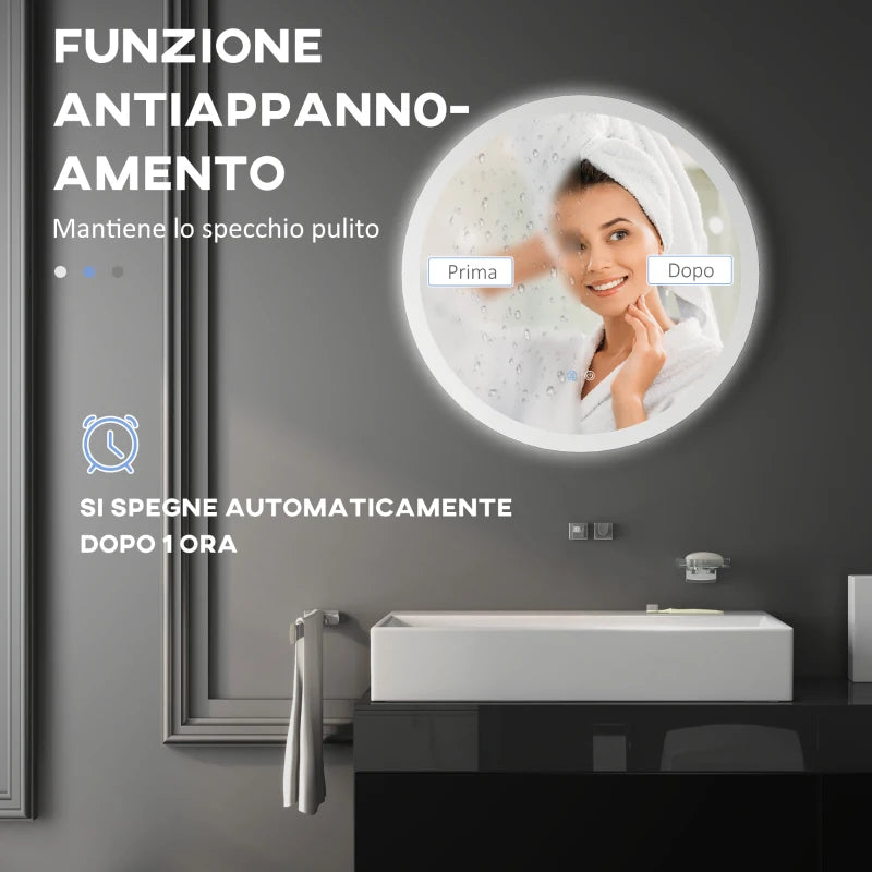 Specchio Bagno LED Antiappannamento con 3 Colori e Luminosità Regolabile, in Metallo e Vetro, Ø70x3 cm MJ6834-597V01CRMJ6