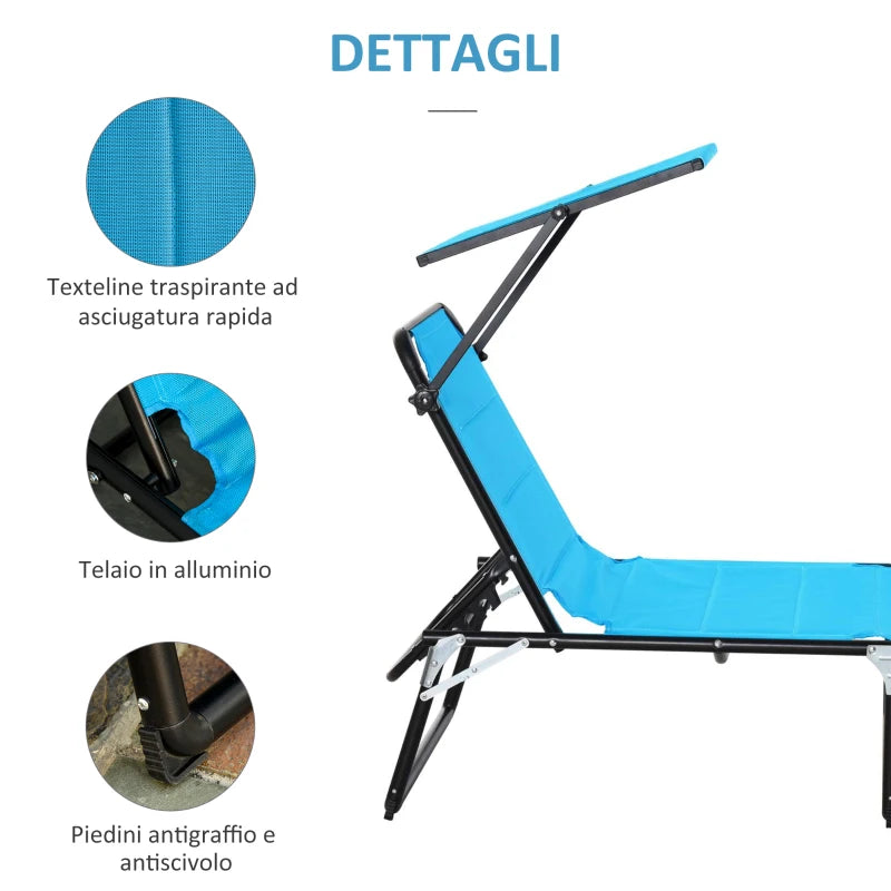 Sedia Sdraio da Esterno Pieghevole con Tettuccio e Rivestimento Imbottito in Gommapiuma, Lettino Prendisole da Giardino con Schienale Regolabile 66x164x81cm Blu 84B-591BU