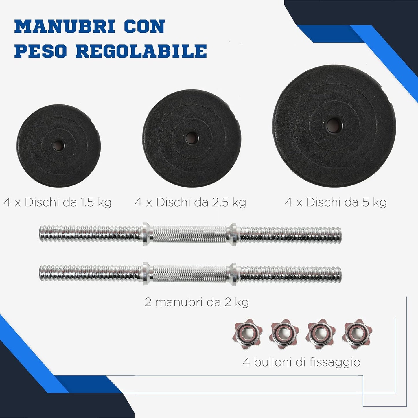 Set Manubri Palestra 40kg (4x5kg, 4x2.5kg, 4x1.5kg), Pesi Palestra con 12 Dischi da 1.5kg, 2.5kg, 5kg, Փ25mm, per Allenamento a Casa 887B1-0126D55