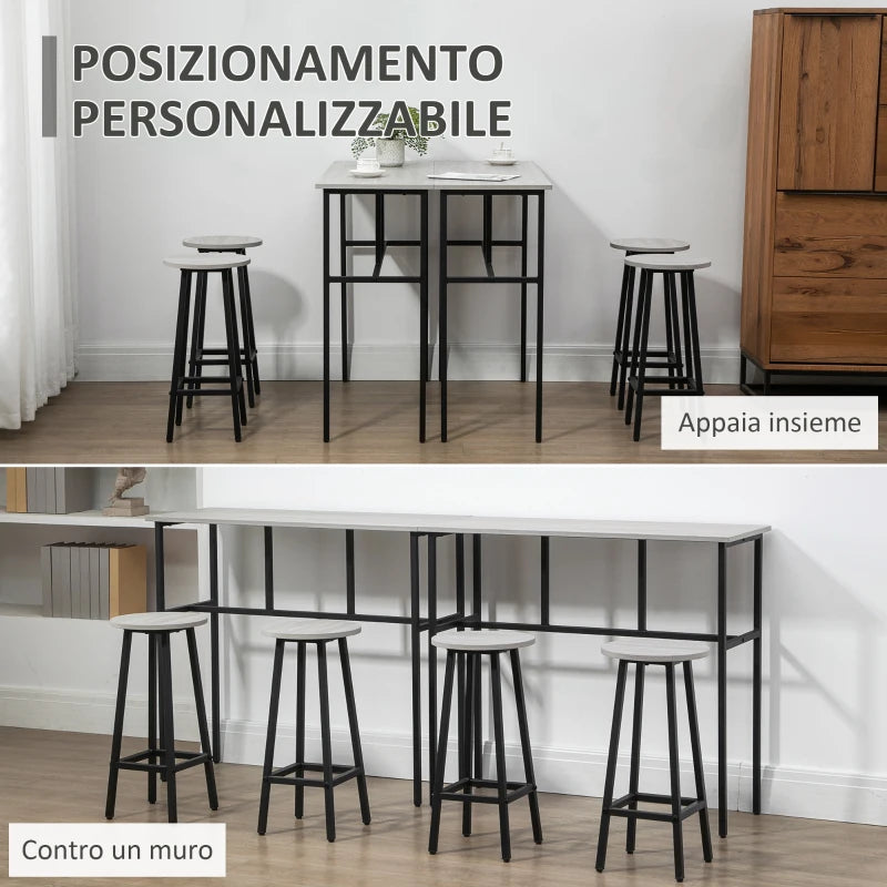 Set da Bar 6 Pezzi con 4 Sgabelli da Bar e 2 Tavoli Alti in Legno Truciolato e Acciaio per Cucina e Soggiorno, Grigio UU5835-678GYUU5