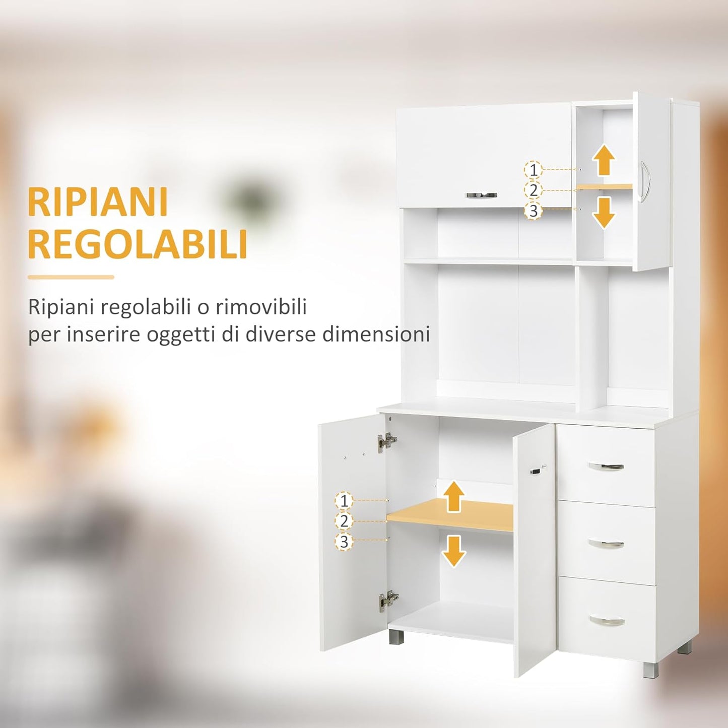 credenza alta da cucina armadietto mobile soggiorno con cassetti e ante bianco 100x40x184 98N835-242KK8