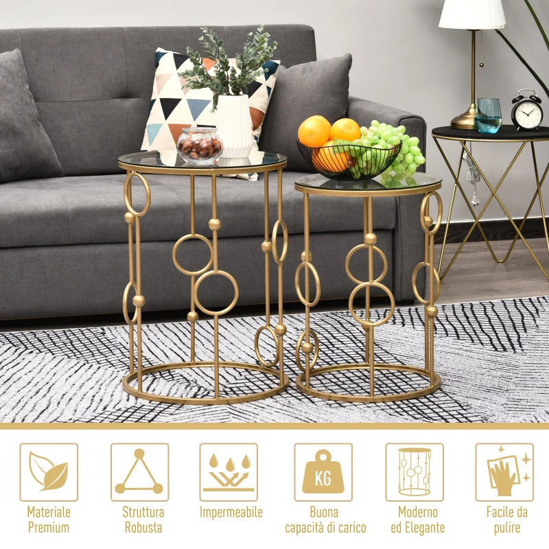 Set 2 Pezzi Tavolini da Caffè Design Elegante con Motivi a Cerchio, Metallo e Vetro Temperato Φ41x57cm & Φ36x51cm, Oro SD9833-674SD9