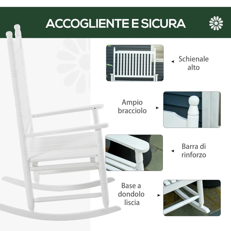 Sedia a Dondolo 2 Posti in Legno con Schienale Alto e Braccioli, 117x85x120 cm, Bianco 84A-149