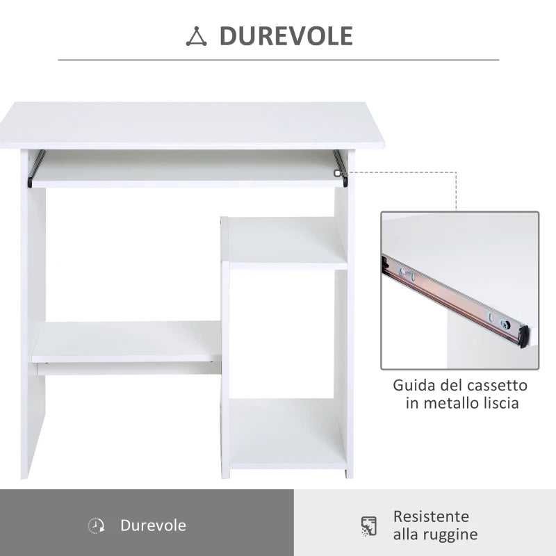 Scrivania per Computer Porta PC Moderna Salvaspazio, Scrivania da Uffcio con Ripiano per CPU e Mensola Tastiera Estraibile in Legno, 80x45x75cm, Bianco QU6836-092WTQU6