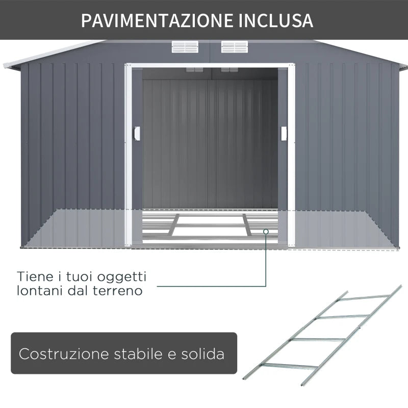 Casetta da Giardino con Base e Doppie Porte Scorrevoli, Capanno da Giardino in Acciaio, 340x386x200cm, Grigio scuro FT6845-031V01FT6