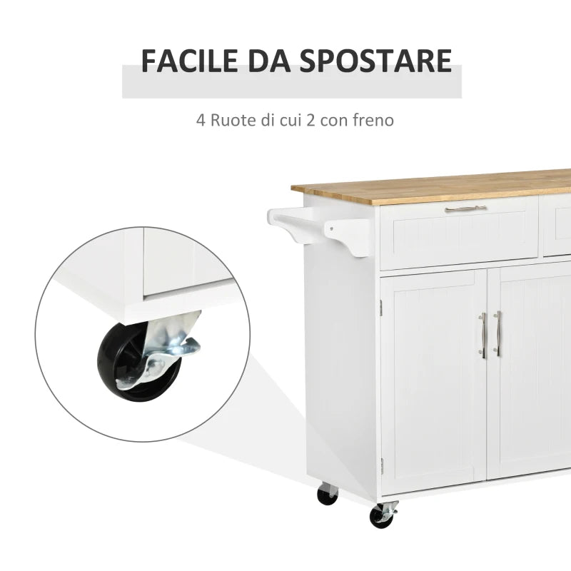 Carrello da Cucina Multiuso in Legno con 2 Cassetti, 3 Antine e 4 Ruote 121x46x91cm - Bianco TR8801-204TR8