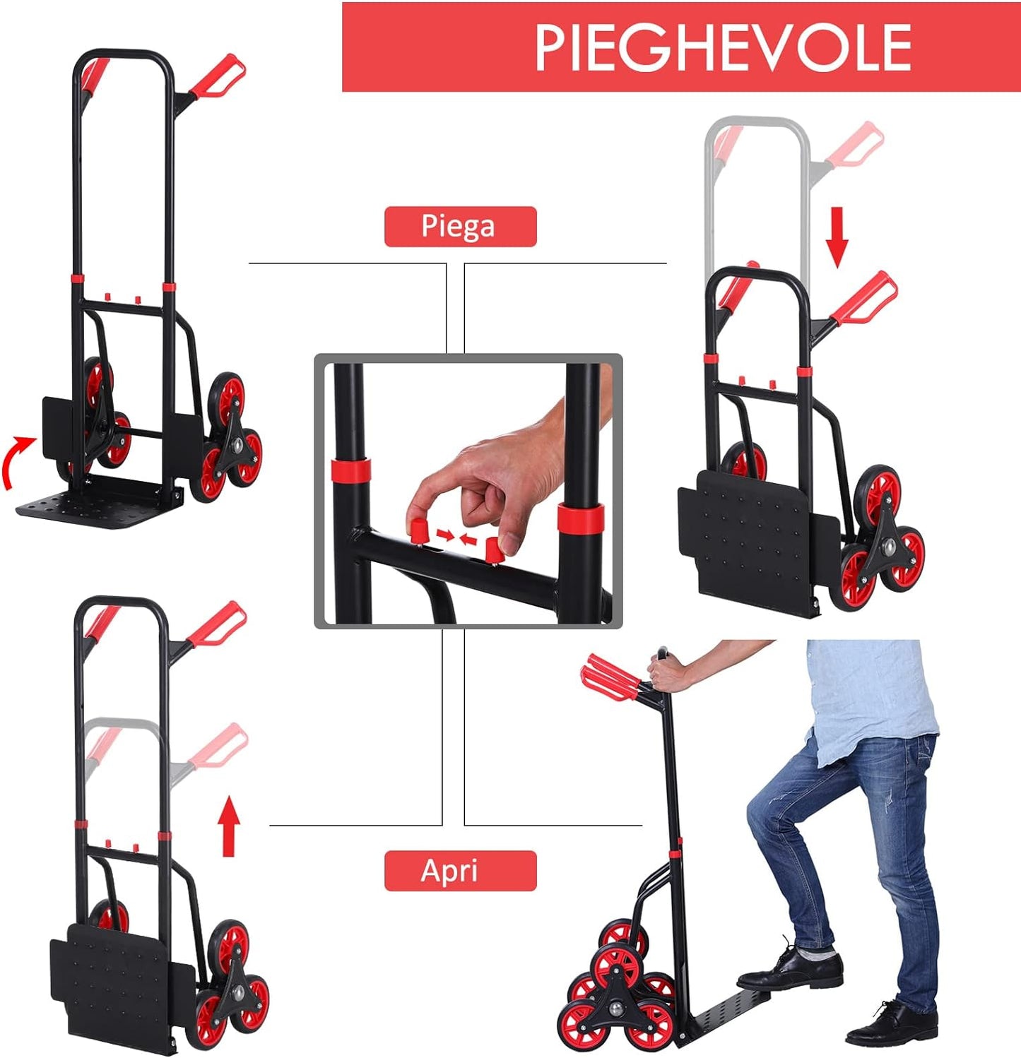 Carrello Portapacchi Pieghevole pacchi scale 120 kg max con Maniglia Estraibile Carrello da Trasporto in Acciaio, PP e TPR, 60x45x109 cm, Rosso e Nero YGYB71-029FR5