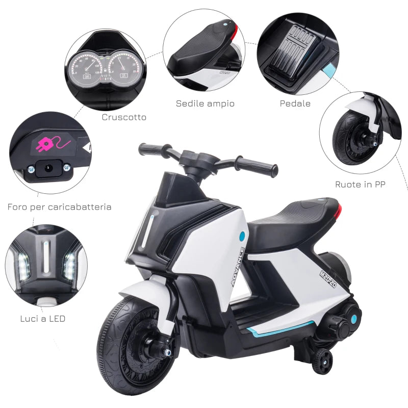 Moto Elettrica per Bambini 6V con Musica e Fari LED, Velocità 1.5-2.5km/h, Età 2-4 Anni, 80x39.5x51cm, Bianco KJ1370-168V90WTKJ1