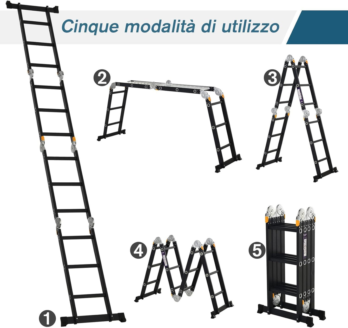 Scala in Alluminio 5 in 1 Nera con 2 Pannelli di Sostegno Scala Pieghevole per Interni ed Esterni giardino Carico Massimo 150kg, 370x61x11 cm DRFB72-029VT6