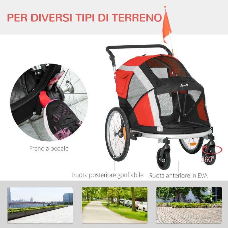 Rimorchio Bici per Cani sotto i 35kg con Porta Anteriore e Posteriore, Finestre a Rete e Tetto Apribile, 150x82x98-108cm YH3D00-142RDYH3