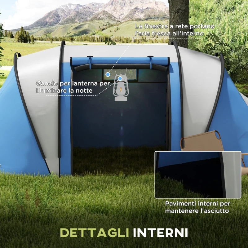 Tenda da Campeggio 2 Posti Impermeabile con 2 Stanze Borsa di Trasporto, 220x450x180 cm, Blu EH7A20-387V00BUEH7