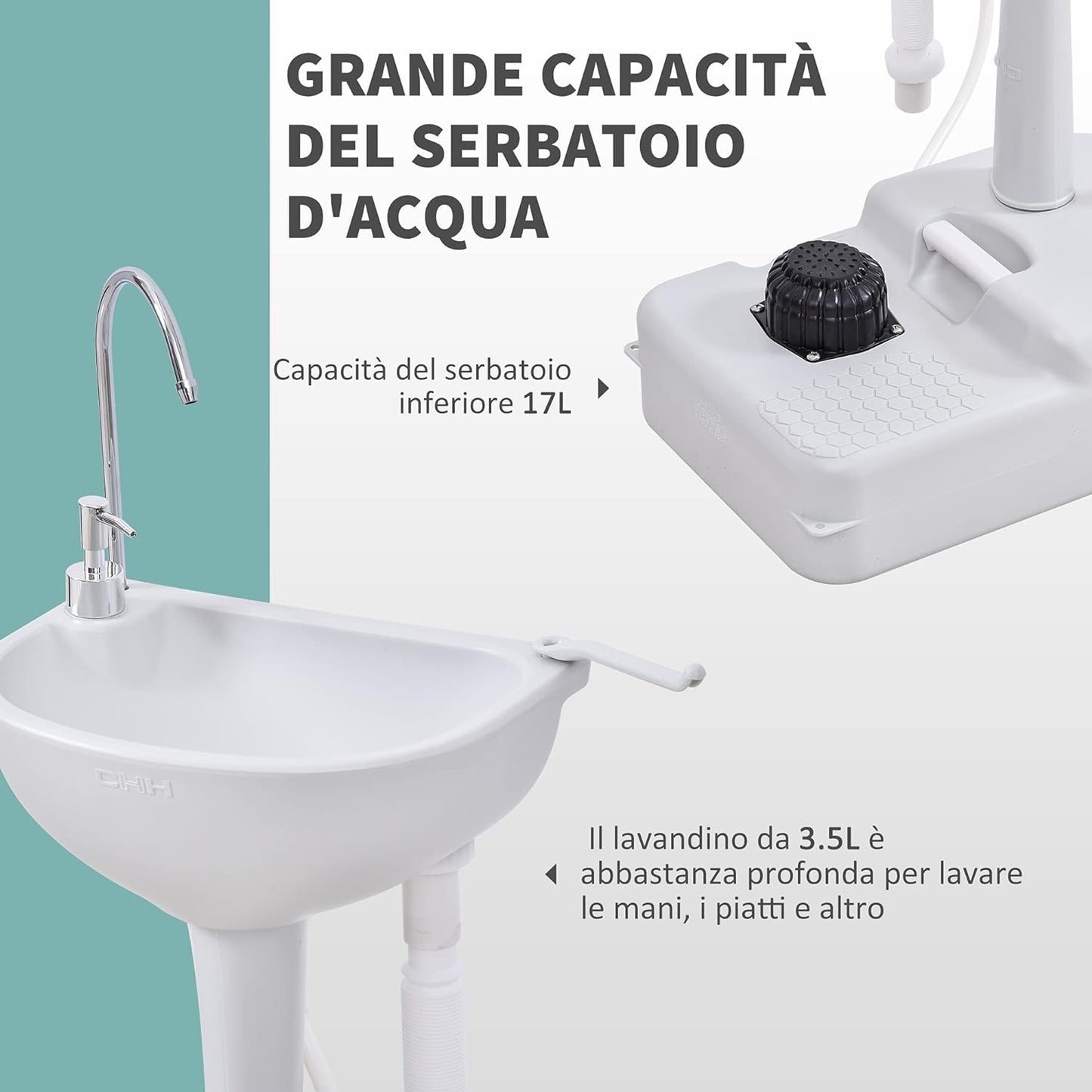 Lavabo Portatile da Campeggio con 2 Ruote, Maniglia, Serbatoio Acqua 17L e Serbatoio Sapone 3.5L, 51x33.5x103cm YH8A20-083D55