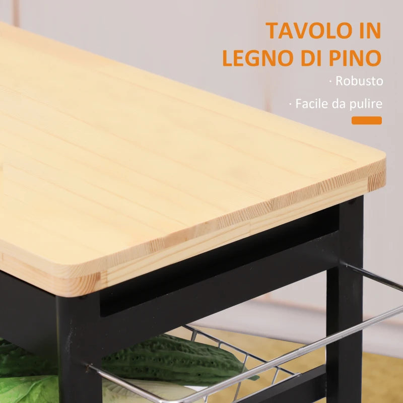 Carrello da Cucina Multiuso in Legno di Pino 74 x 37 x 75cm Nero LK3801-079BKLK3