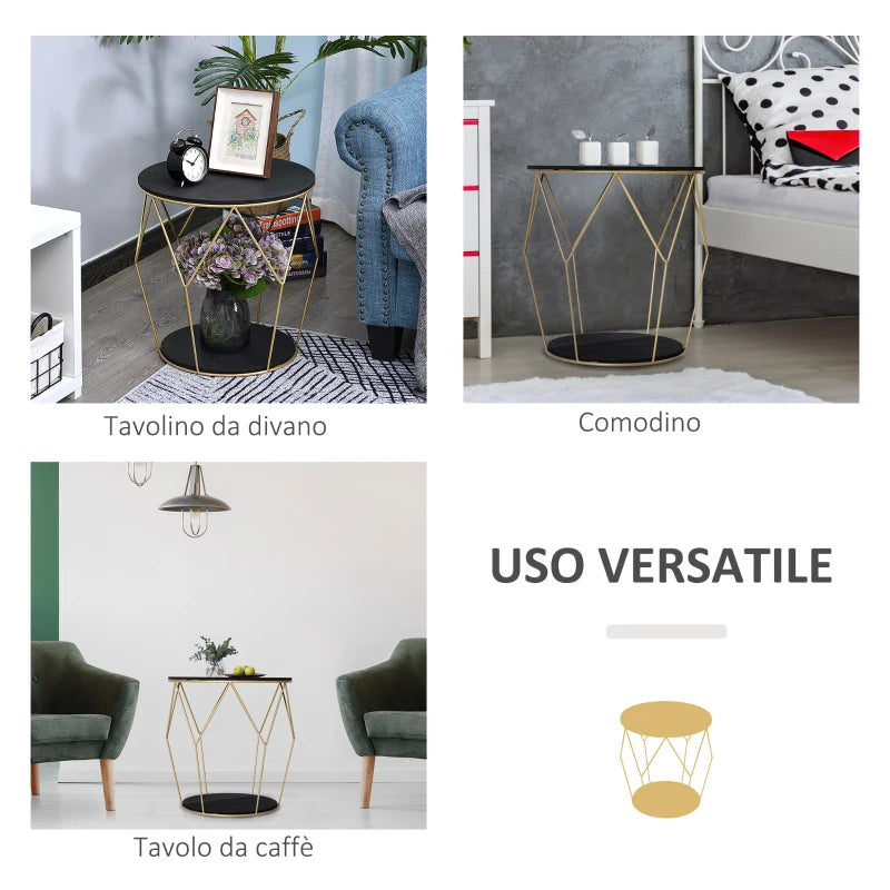 Tavolino da Caffè dal Design Geometrico, Tavolino da Salotto Moderno in Metallo e MDF, Colori: Oro e Nero (Φ45x48cm) TY1833-733TY1