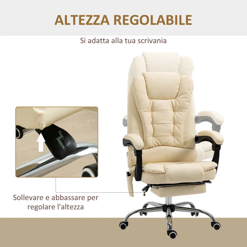 Poltrona Massaggiante Ergonomica ad Altezza Regolabile con 6 Punti Vibranti, 65x160x104 cm, Crema XC6921-318V92CWXC6