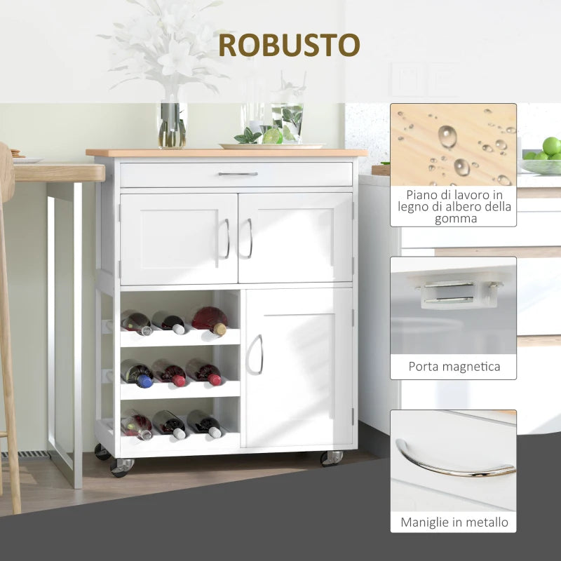 Carrello Portavivande, Carrellino per Cucina in Legno Bianco con Portabottiglie 1 Cassetto e 3 Antine, 67x37x87cm UT8801-179UT8