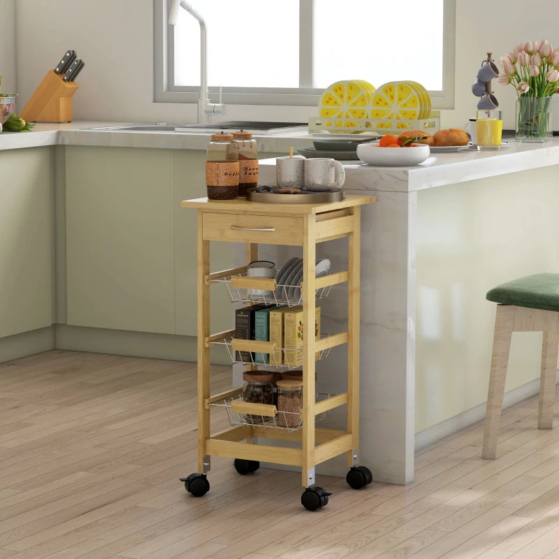 Carrello Cucina con Ruote, Cassetto e 3 Cestini a Rete Metallica, 37x37x76cm, Colore Legno TR6801-350V00NDTR6