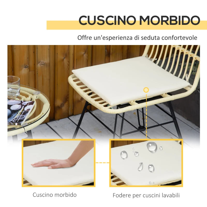 Set Mobili da Giardino 3 Pezzi con Tavolino e Sedie in Rattan PE, Poilestere e Acciaio per Esterni, Crema 863-087CW