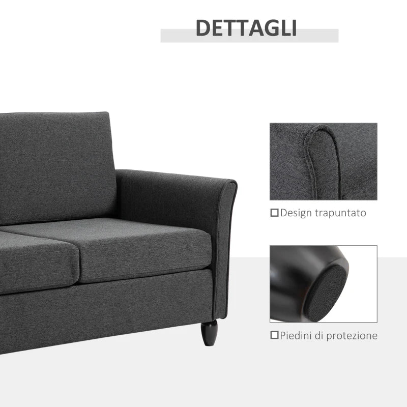 Divano a 2 Posti a Seduta Ampia con Cuscini Rimovibili da Salotto in Tessuto Effetto Lino e Gommapiuma, 141x70x78 cm, Grigio scuro e Nero SE2833-653CGGT2