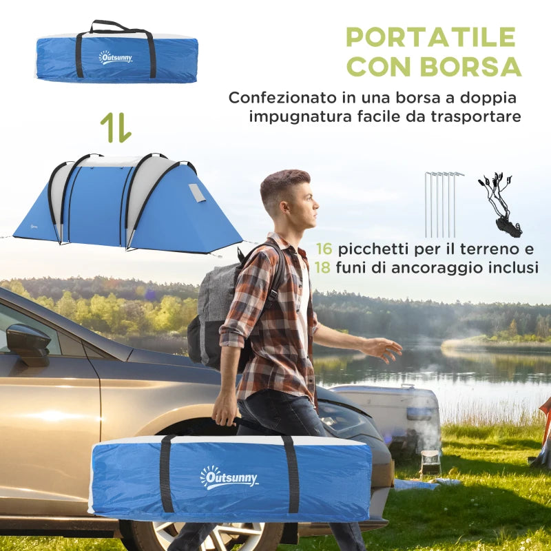 Tenda da Campeggio 2 Posti Impermeabile con 2 Stanze Borsa di Trasporto, 220x450x180 cm, Blu EH7A20-387V00BUEH7