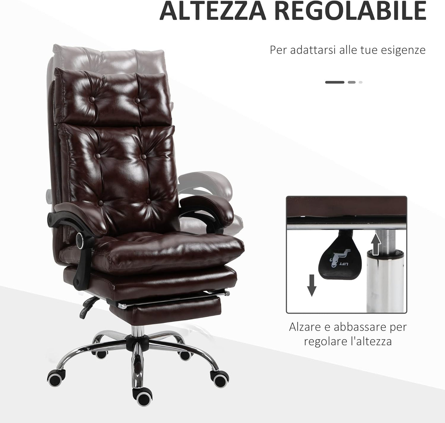 Poltrona Ufficio Presidenziale sedia ecopelle Marrone Stile Chesterfield, Schienale Reclinabile 135° e Poggiapiedi YH8921-224D55