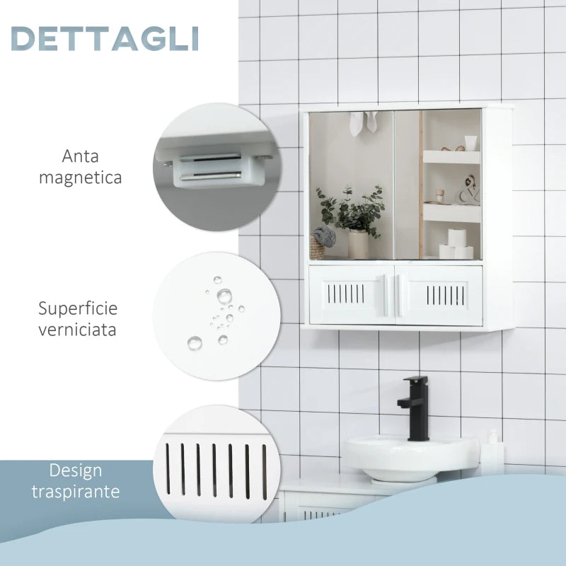 Mobiletto Bagno Pensile con Antine a Specchio, 55x17.5x60cm - Bianco WD8834-344WTWD8