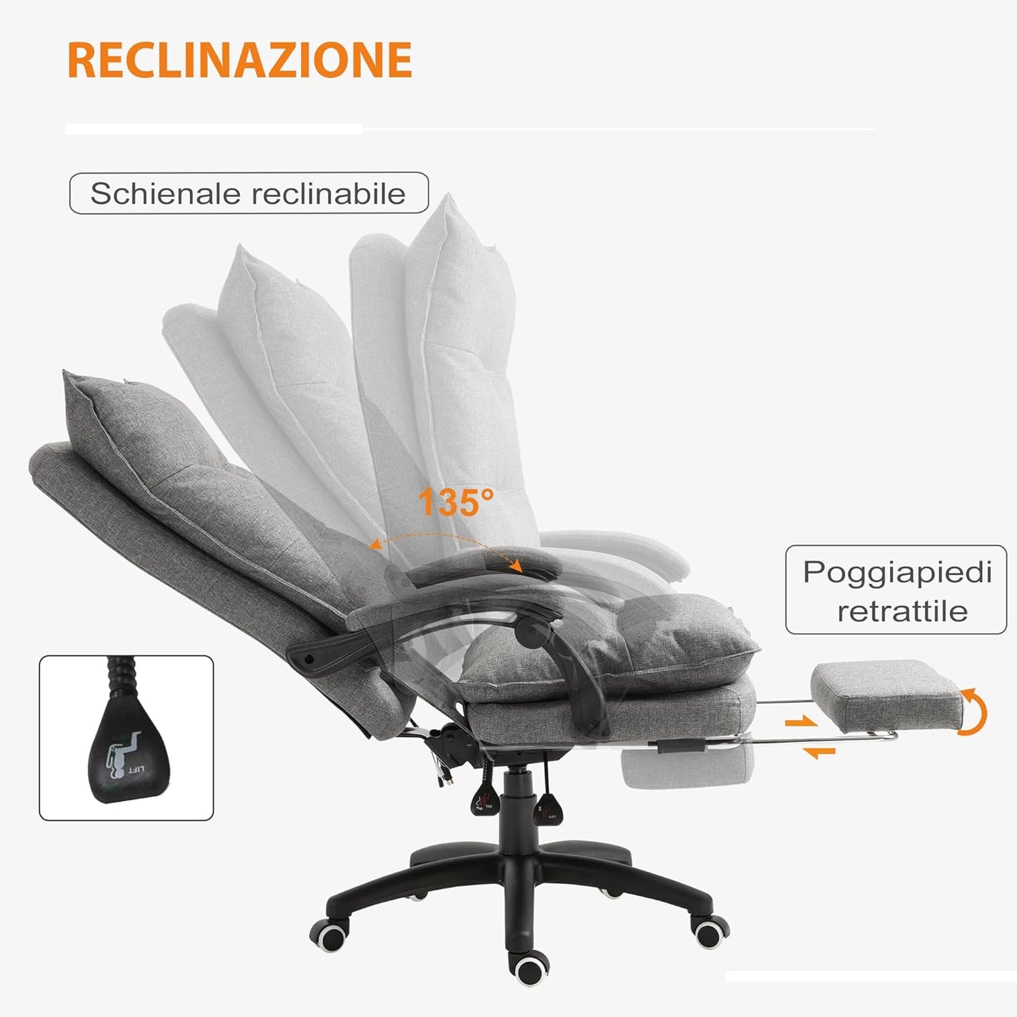 poltrona massaggi Sedia Ufficio studio Imbottita con 6 Punti Massaggianti, Altezza Regolabile e Rotelle, 70x62x120-130 cm, Grigio tessuto R5G921-232GYD55