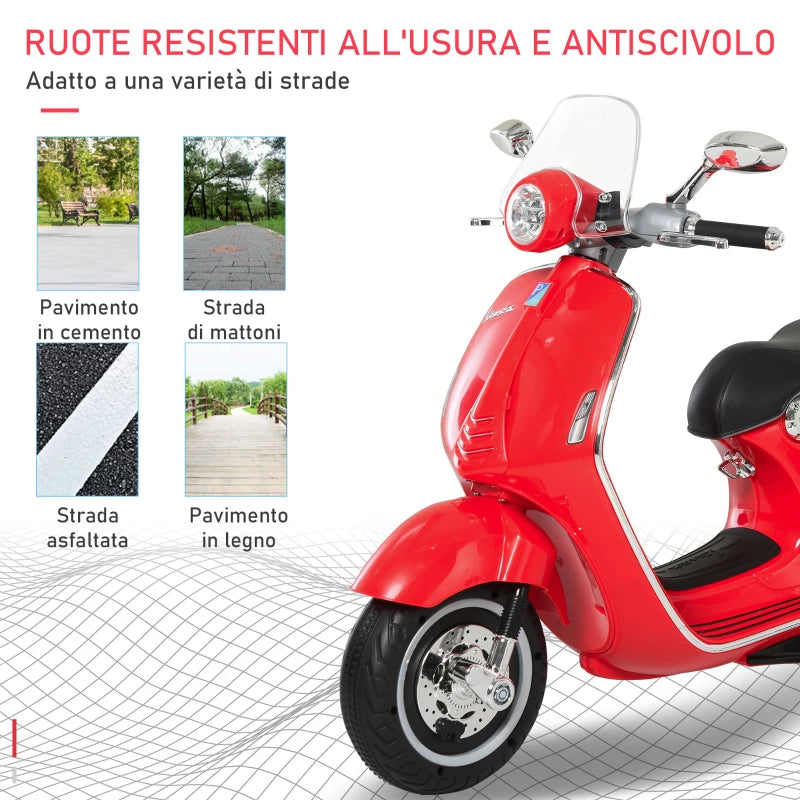 Moto Elettrica per Bambini con Licenza Ufficiale Vespa, 2 Rotelle, Luci e Suoni, 108x49x75 cm, Rossa QW7370-115RDQW7