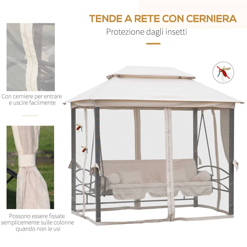 Dondolo 3 Posti e Lettino Singolo Copertura a Gazebo con Zanzariera e Cuscini 256x172x248cm Crema 84A-102