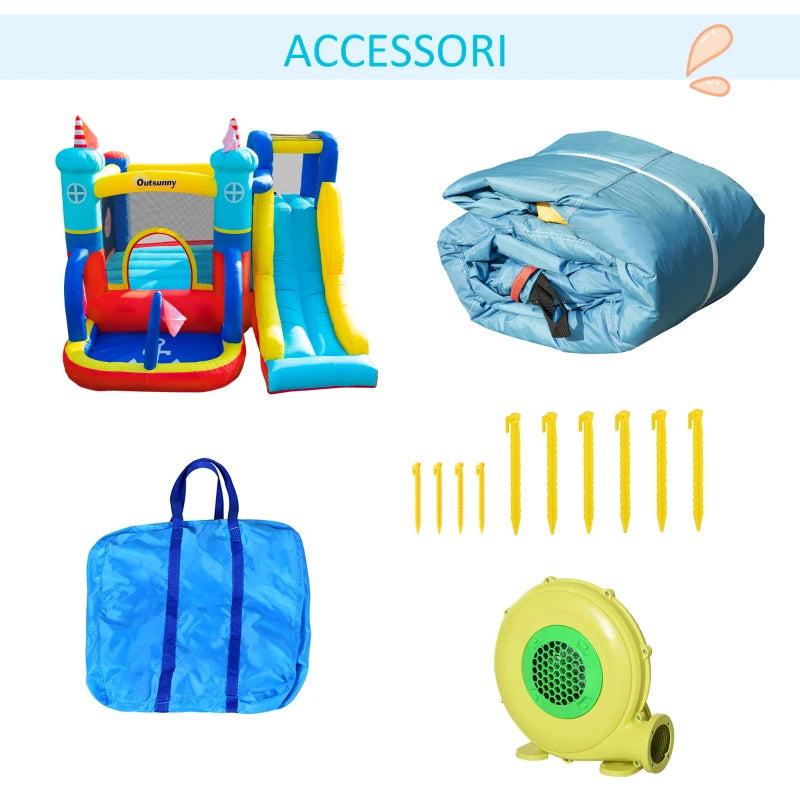 Castello Gonfiabile 4 in 1 Bimbi 3-8 Anni, Scivolo e Piscina, 265x260x200cm GB9342-054V90GB9