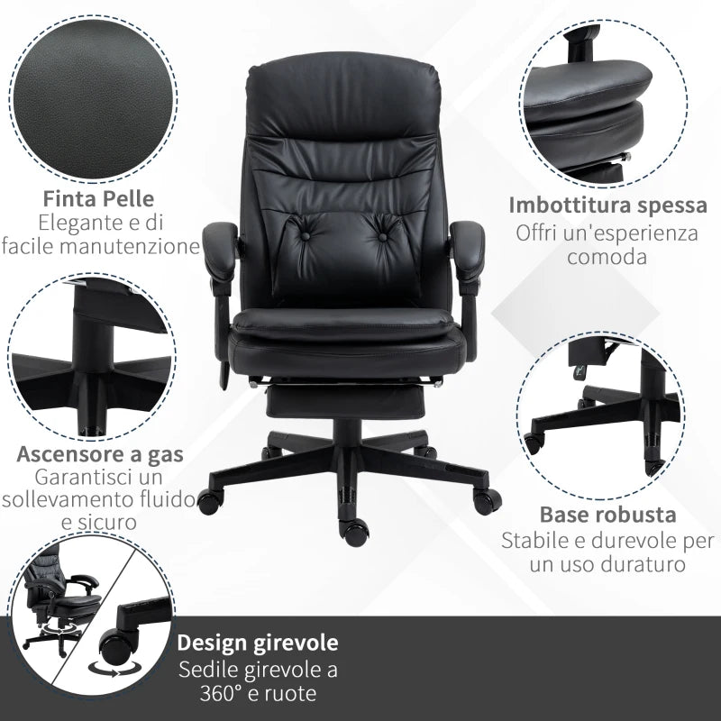 Sedia da Ufficio Massaggiante in Similpelle con Presa USB, 64x69x107-115cm, Nero CV5921-592BKCV5