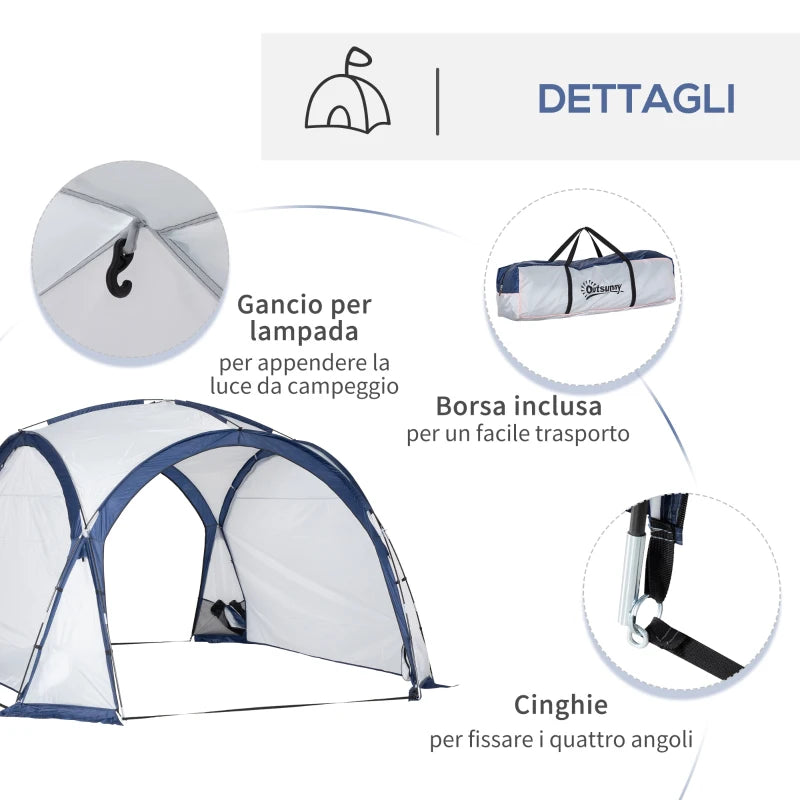 Tenda da Campeggio 3 Posti con 4 Porte a Cerniera, Zanzariera e Gancio, 350x350x230cm, Bianca e Blu EX2A20-232EX2