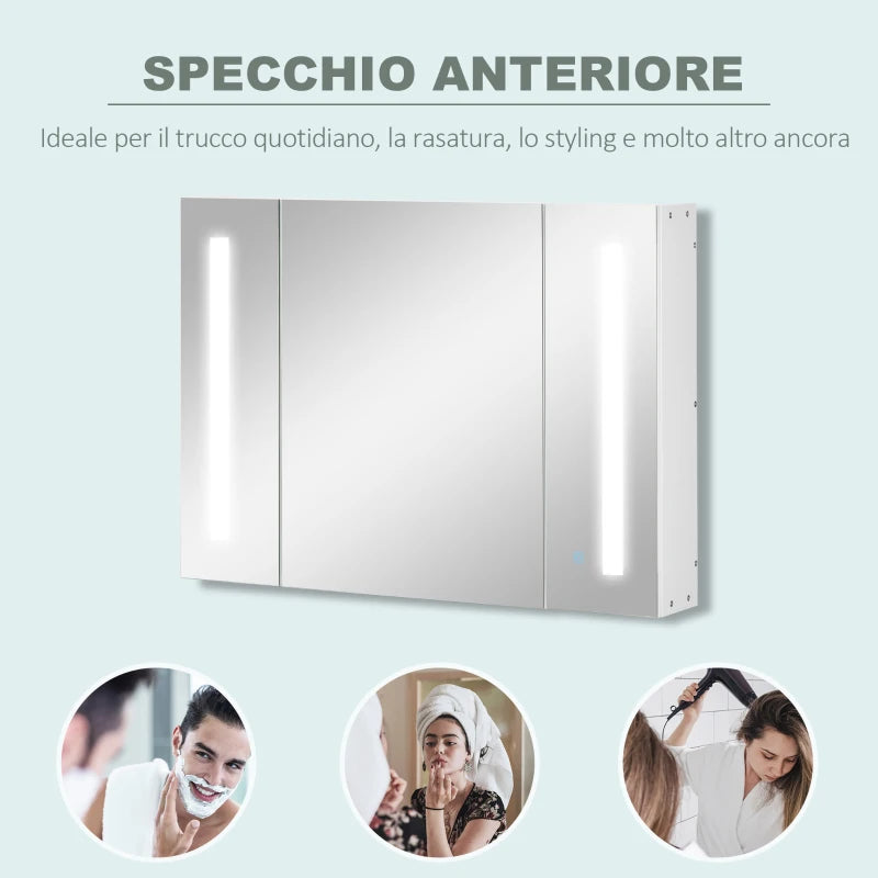 Specchio Bagno con Luce LED 3 Livelli Rettangolare, Antiappannamento e Interruttore Touch, 90x70cm KY9834-657V01CRKY9