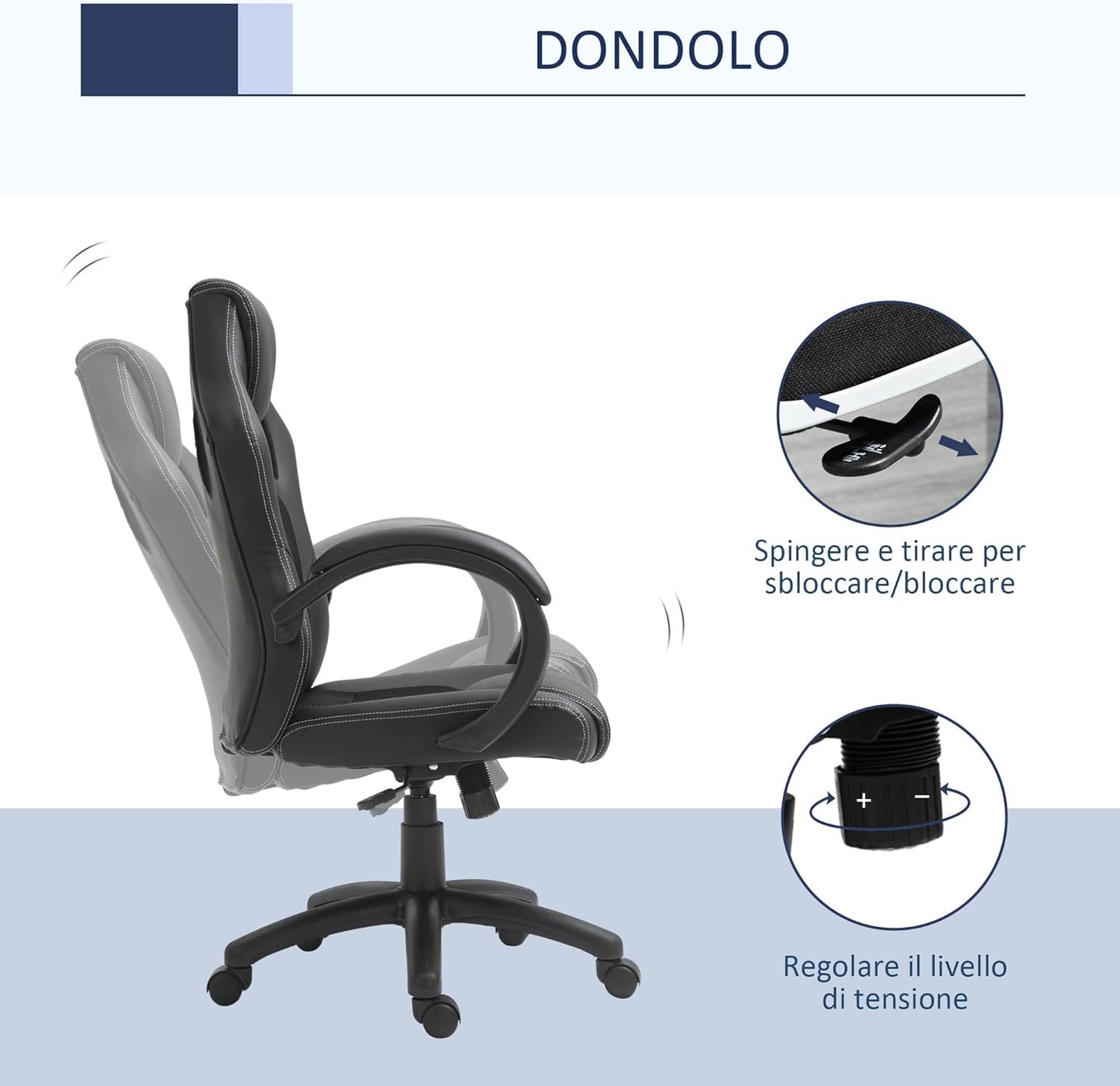 Sedia da Gaming ad Altezza Regolabile, Sedia da Ufficio con Funzione a Dondolo, Girevole e Reclinabile 71x61x108-118 cm, Nera poltrona ecopelle studio T61A2-0089D55