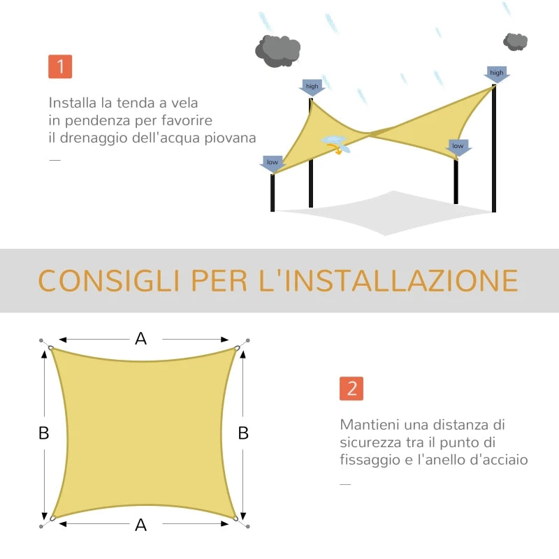 Vela Ombreggiante Rettangolare, Tenda da Sole per Esterno in Poliestere Anti UV Traspirante 3x4m Color Sabbia GT9840-142SDGT9