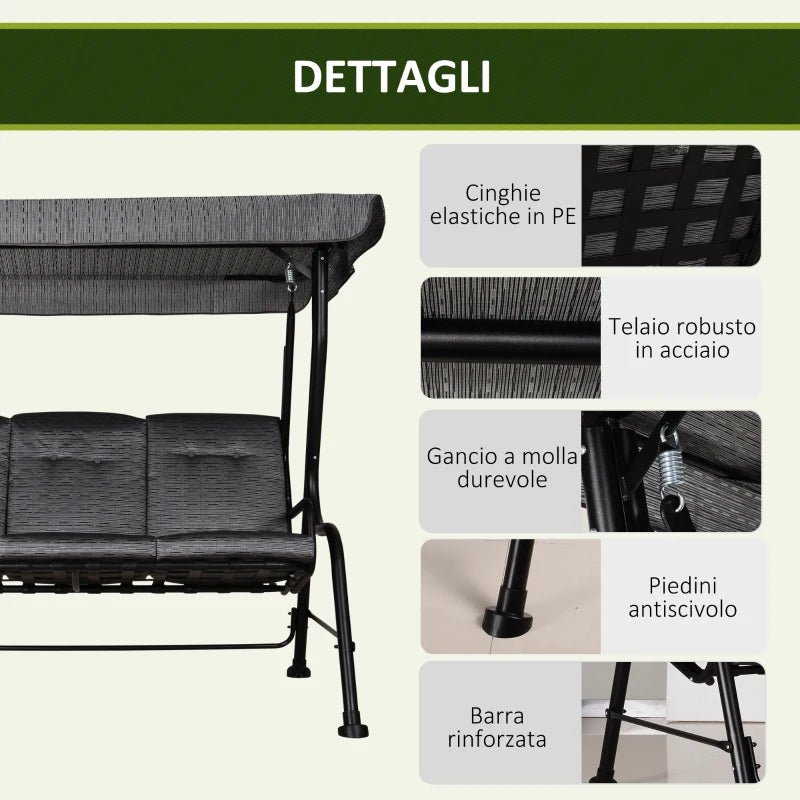 Dondolo da Giardino per 3 Persone con Tettuccio Regolabile e Cuscini, 200x120x170cm, Nero 84A-140BK