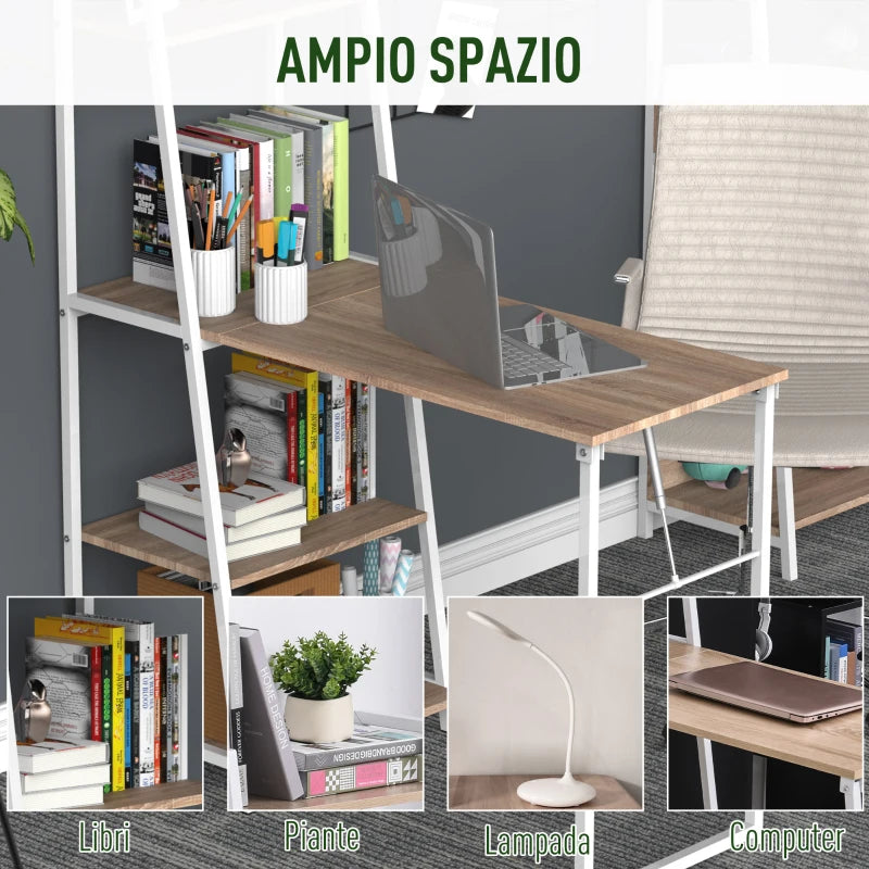 Scrivania Pieghevole con Libreria Salvaspazio in Metallo Bianco e Legno MDF Color Rovere, 106x48x128cm RT5836-247RT5