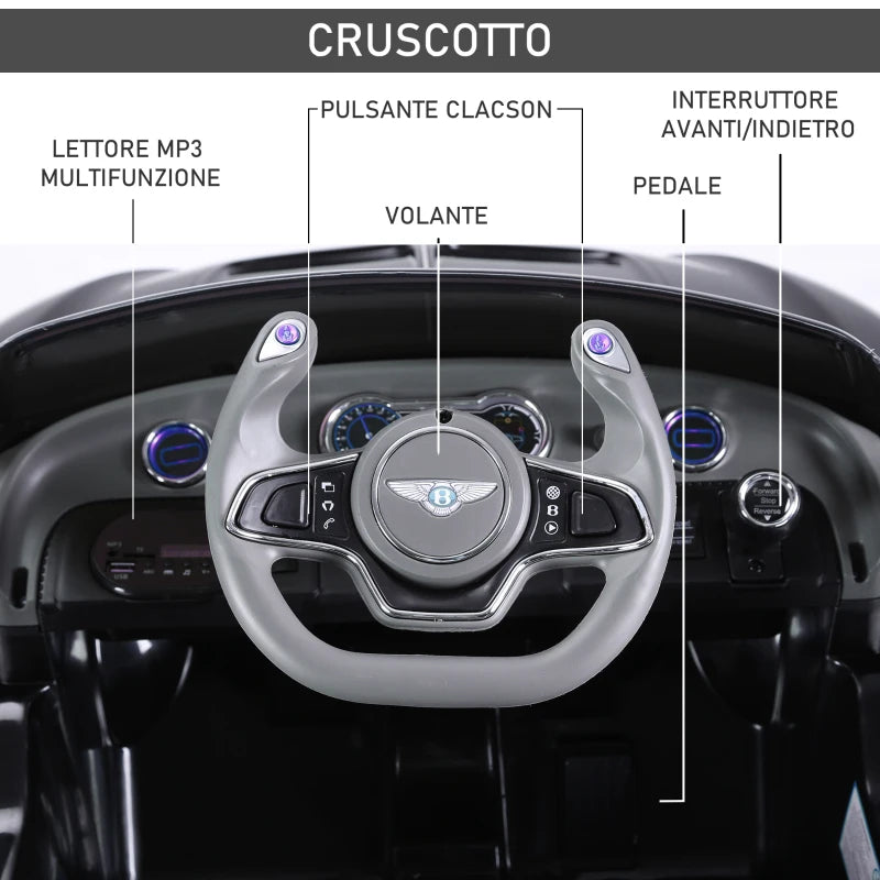 Macchina Elettrica per Bambini Bentley con 2 Portiere Guida Manuale e Telecomando, Fari e Suoni, 108x60x43cm, Nero SE7370-045BKSE7