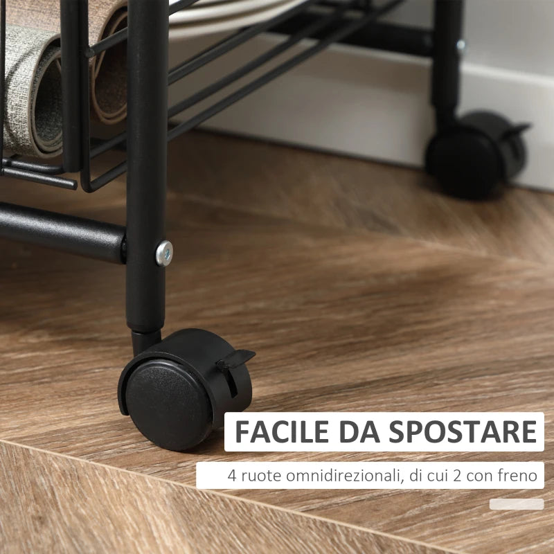 Carrello da Cucina Portavivande Stile Industriale con 4 Ruote, 2 Cestini e 4 Ganci, 60x38x85.5cm, Marrone Nero FT9801-225FT9